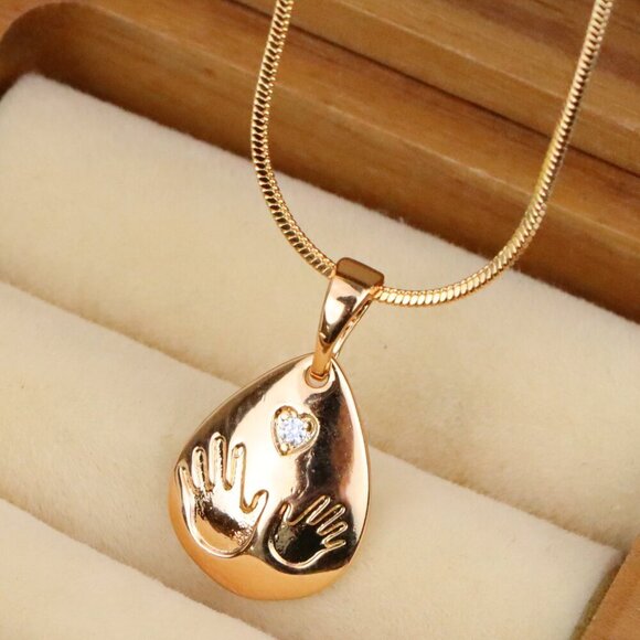 "Rose Gold Teardrop Pendant with Hand Imprint & Heart Accent Design, XPPT1382 - Picture 1 of 13